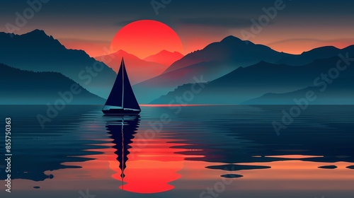 Sunset lake sailboat illustration poster background