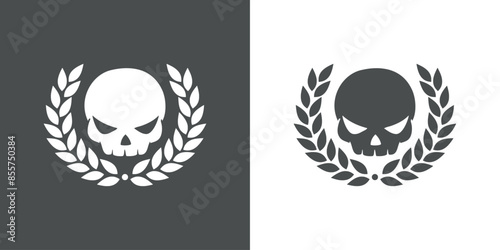 Logo de calavera humana con expresión enojada con corona de laurel para felicitaciones y tarjetas de Halloween