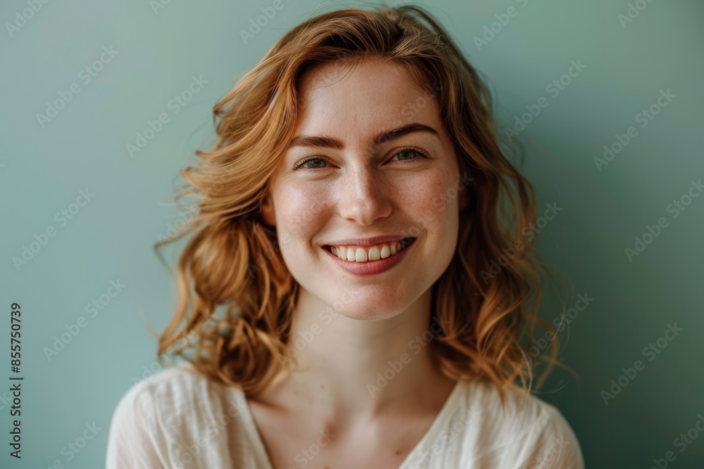 Portrait of a tender woman in her 30s smiling at the camera while standing against solid color backdrop Portrait of a tender woman in her 30s smiling at the camera while standing against solid color backdrop