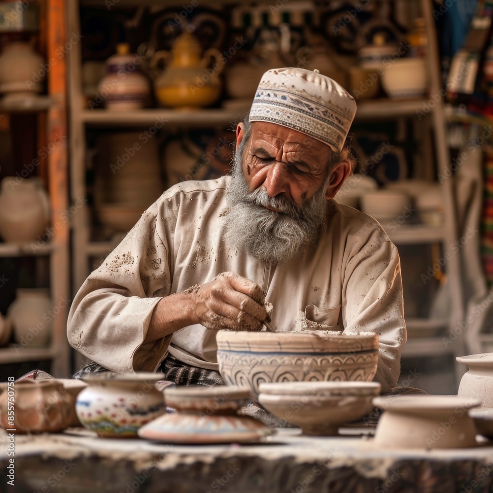 A lifelike image of a Muslim artisan crafting intricate pottery A lifelike image of a Muslim artisan crafting intricate pottery