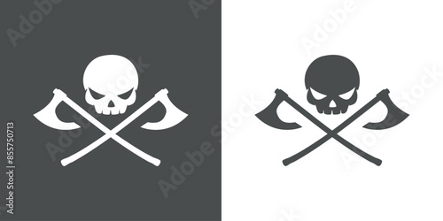 Hacha vikinga. Símbolo pirata. Silueta de calavera humana con 2 hachas de batalla medieval cruzadas