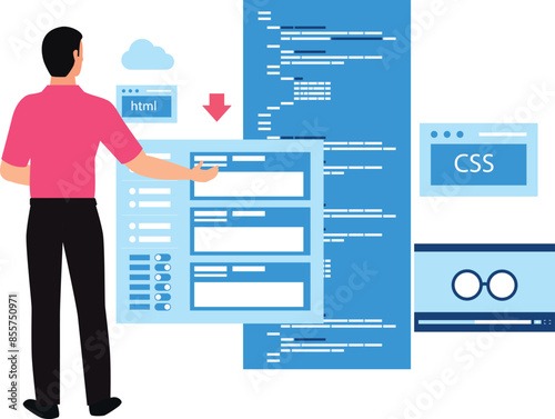 The guy is coding HTML and CSS.