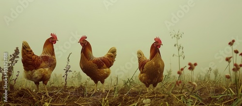 red hens in a paddock, farm...