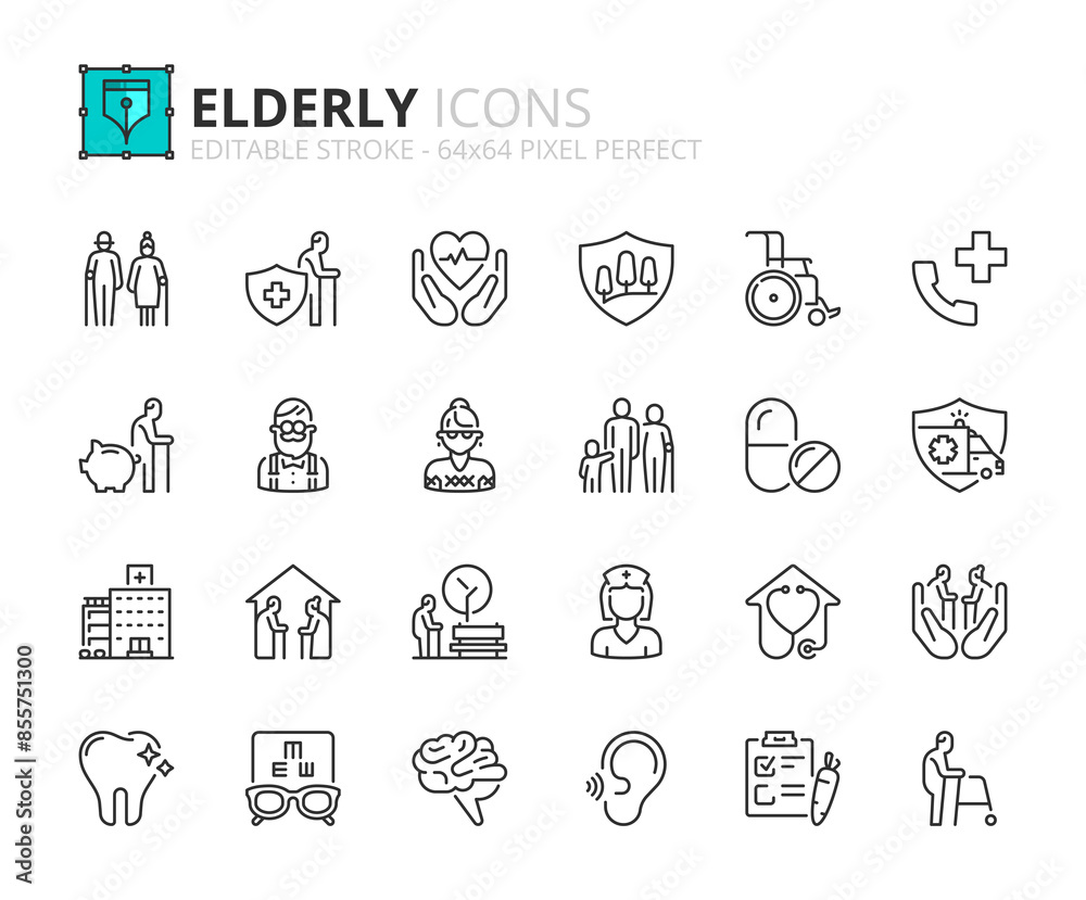 Line icons about elderly. Pixel perfect 64x64 and editable stroke