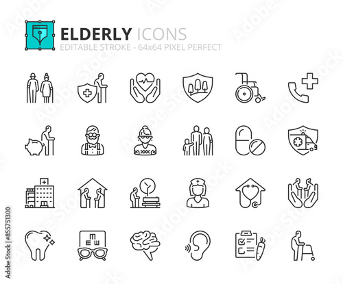 Line icons about elderly. Pixel perfect 64x64 and editable stroke