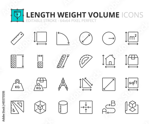 Line icons about length, weight and volume. Pixel perfect 64x64 and editable stroke