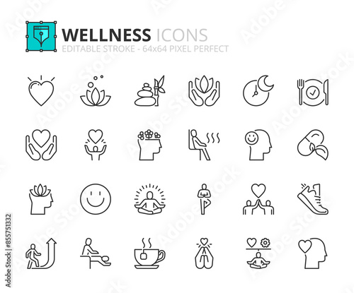 Line icons about wellness. Pixel perfect 64x64 and editable stroke