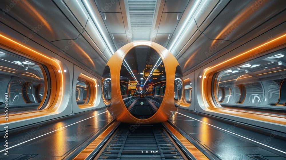 Hyperloop station with high-tech architecture and digital displays