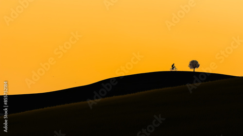 Solo cyclist at sunrise cresting a hill with dramatic lighting emphasizing the silhouette against an orange sky.