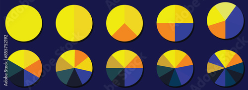 set of colored pie charts for 1,2,3,4,5,6,7,8,9,10 steps or sections to illustrate a business plan, infographic, reporting.eps 10.vectors