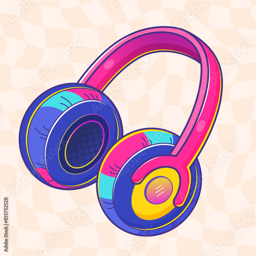 Vibrant cartoon illustration of colorful headphones, y2k aesthetic, perfect for retro-themed designs, music graphics, and playful decor.