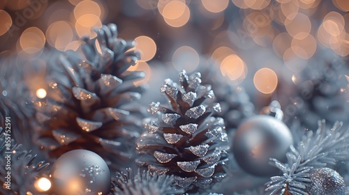 Glittering Pinecones with Bokeh Lights in Winter Holiday Decor photo