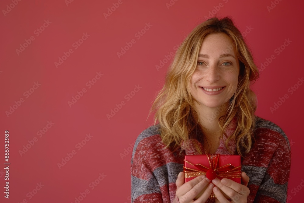 Portrait of a blissful caucasian woman in her 30s holding a gift isolated on solid color backdrop Portrait of a blissful caucasian woman in her 30s holding a gift isolated on solid color backdrop