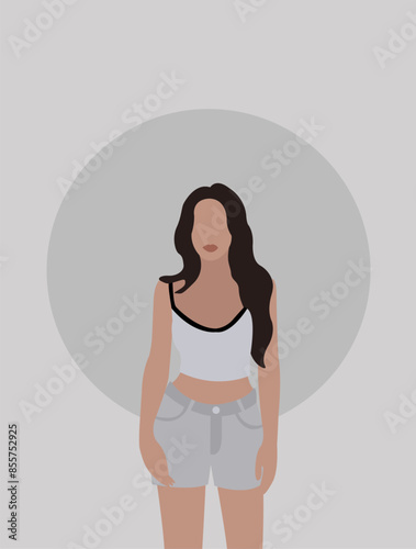 Illustration of brunette girl cute on light grey background.