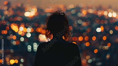 Back view silhouette against a backdrop of illuminated city lights