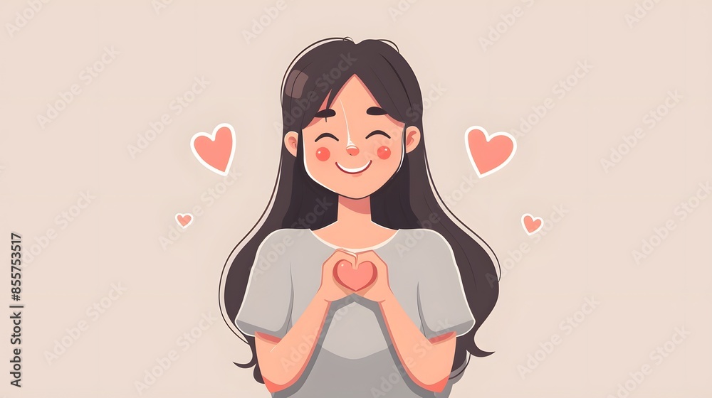 Smiling girl making a heart shape with her hands surrounded by hearts, conveying love and happiness.