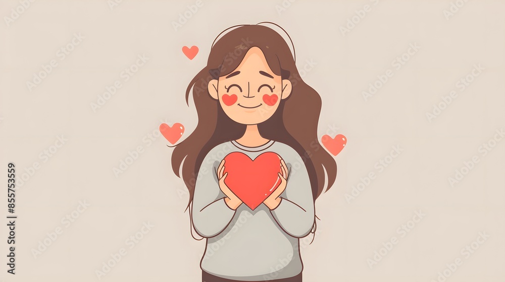 Smiling girl holding a heart with love and joy, surrounded by floating hearts Smiling girl holding a heart with love and joy, surrounded by floating hearts