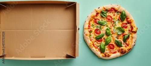 Pizza in a cardboard box wi...