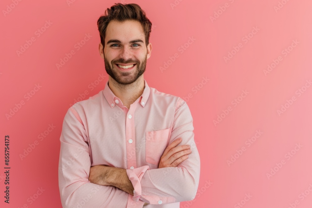 Portrait of a cheerful man in his 30s with arms crossed on solid color backdrop
