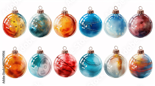 A set of twelve glass ornaments with different colors and designs