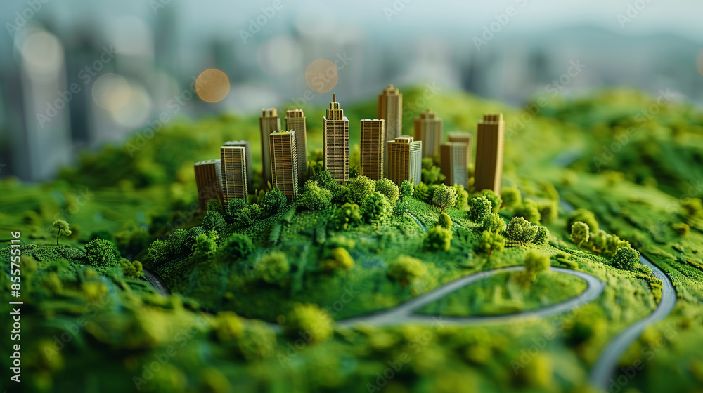 A miniature city model sits nestled in a lush, green landscape. The buildings rise from the rolling hills, surrounded by trees and winding paths A miniature city model sits nestled in a lush, green landscape. The buildings rise from the rolling hills, surrounded by trees and winding paths