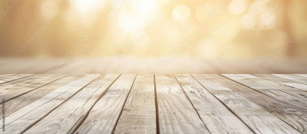 White old wood floor with blurred brown sepia tone background. Wooden planks stage texture and blur flare sunlight. Abstract medical backdrop. Focus to table top in the foreground