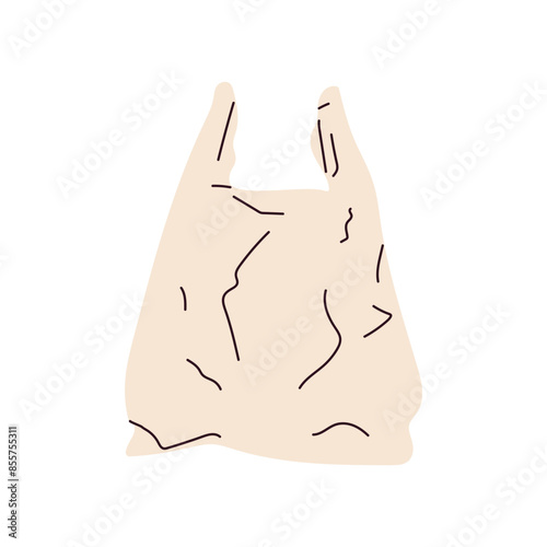 Plastic waste bag with handles, compressed crumpled shopping bag, disposable cellophane polythene grocery package, used wrinkled rumpled polyethylene bag, empty creased bag flat vector illustration.
