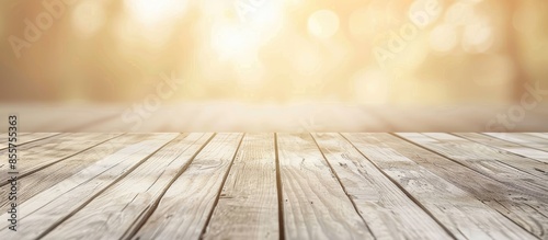 Obraz na płótnie White old wood floor with blurred brown sepia tone background. Wooden planks stage texture and blur flare sunlight. Abstract medical backdrop. Focus to table top in the foreground w salonie