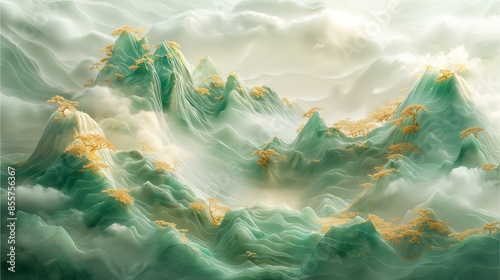 Beautiful Foggy  Green Mountain Landscape Art