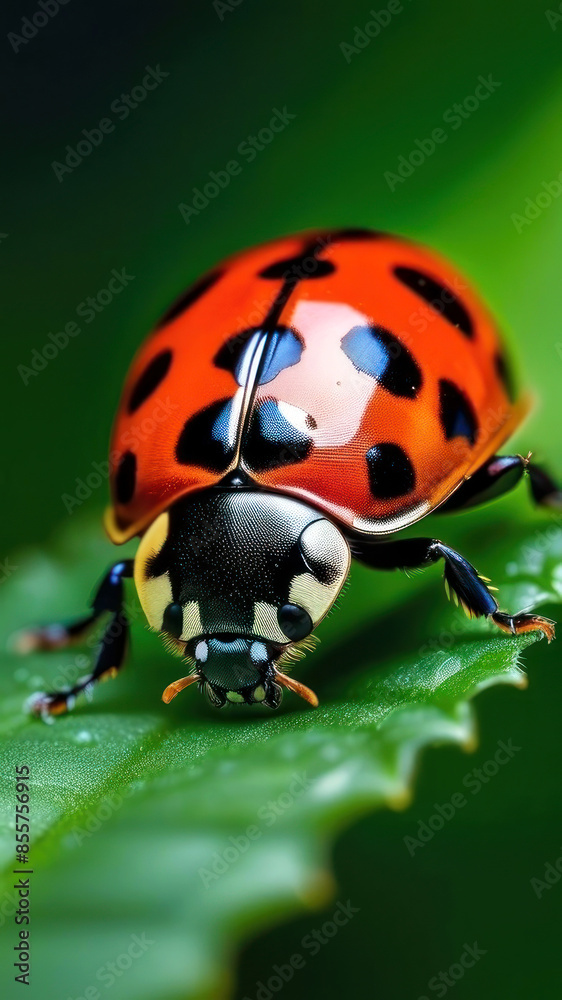 Obraz premium This stunning close-up of a ladybug on a green leaf captures its vibrant red shell and detailed features