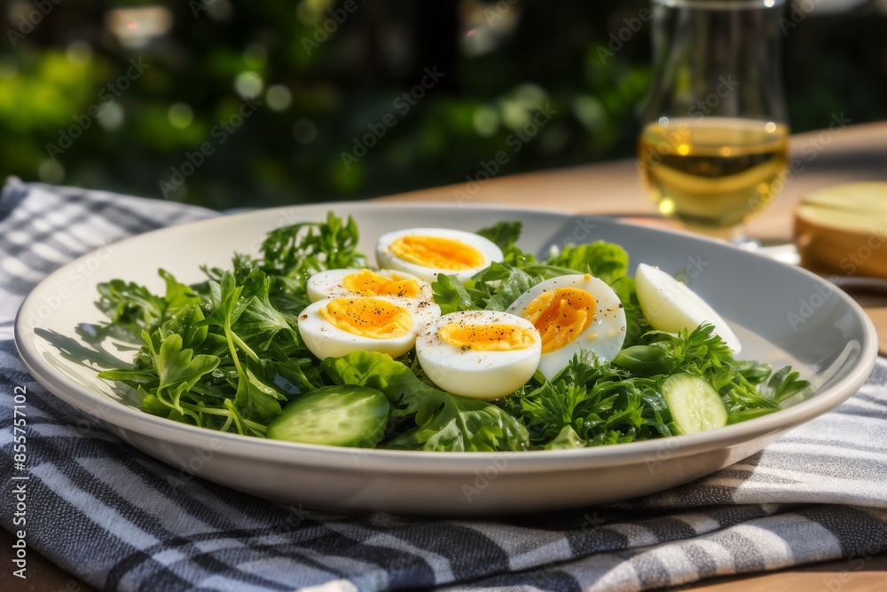 breakfast of boiled eggs with herbs on a plate breakfast of boiled eggs with herbs on a plate