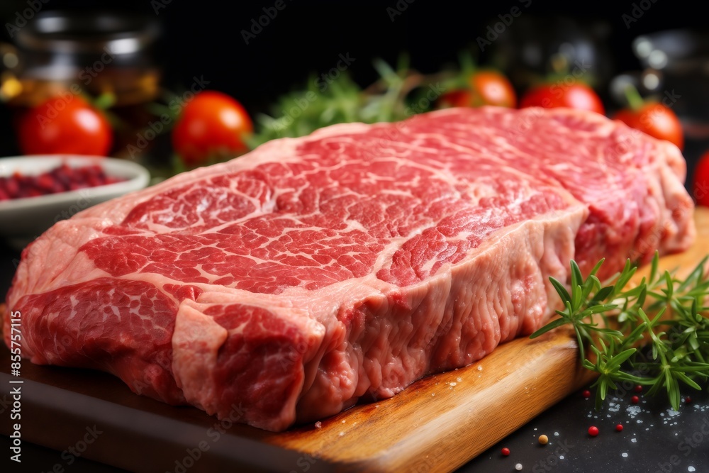 raw sliced meat and vegetables and herbs on a wooden board, delicious food raw sliced meat and vegetables and herbs on a wooden board, delicious food