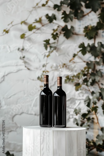 2 bottles of wine standing on a simple podium On the background is a white wall with Italian mosaics and grape vine