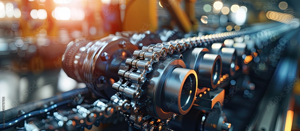 Gear chain drive shaft in conveyor belt is on production line. Timing chain of car, tensioners in engine. Industrial roller chain, technology. Team work, business industrial concept