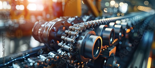 Obraz na płótnie Gear chain drive shaft in conveyor belt is on production line. Timing chain of car, tensioners in engine. Industrial roller chain, technology. Team work, business industrial concept w salonie