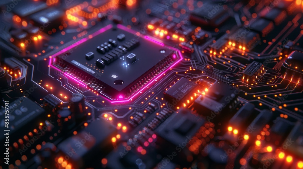 High-Tech Macro View of Glowing Circuit Board with Vibrant Colors
