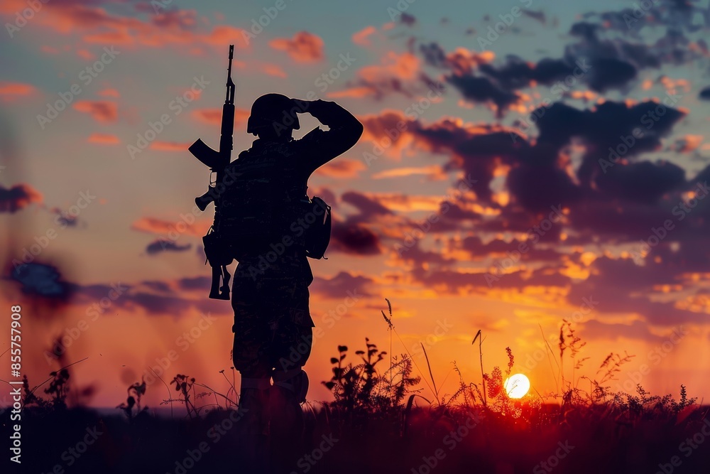 Dramatic silhouette of a soldier with a rifle saluting. Dramatic silhouette of a soldier with a rifle saluting.