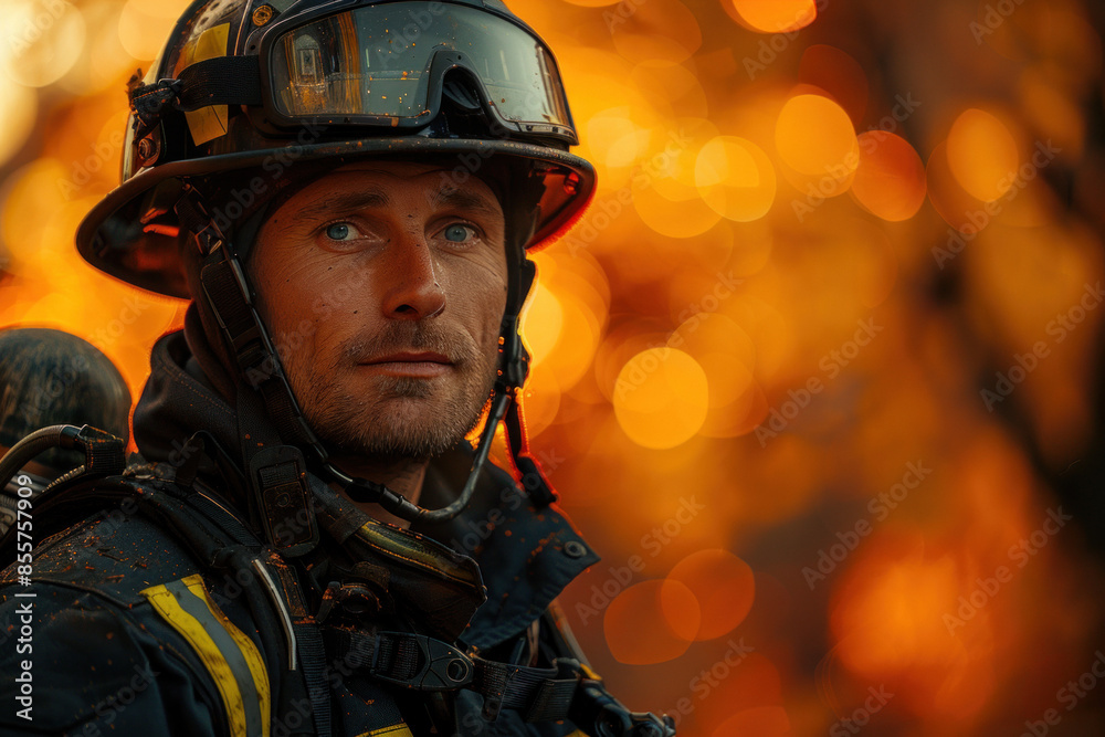 Male firefighter smiling in uniform at sunset