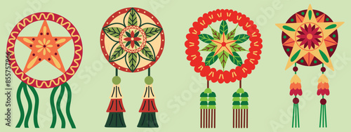 Festive Christmas Lanterns elements set. Traditional Filipino Parol lanterns. Christmas decorations. Hand drawn vector illustrations.