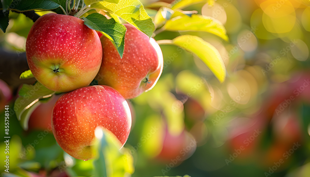Obraz premium Red apples on tree ready to be harvested. Ripe red apple fruits in apple orchard