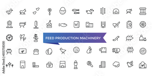 Feed Production Machinery Icon set with editable stroke collection for web and ui. Line icons pack. Vector illustration.