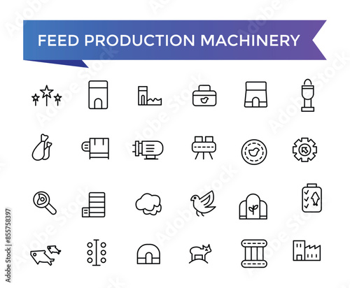 Feed Production Machinery Icon set with editable stroke collection for web and ui. Line icons pack. Vector illustration.