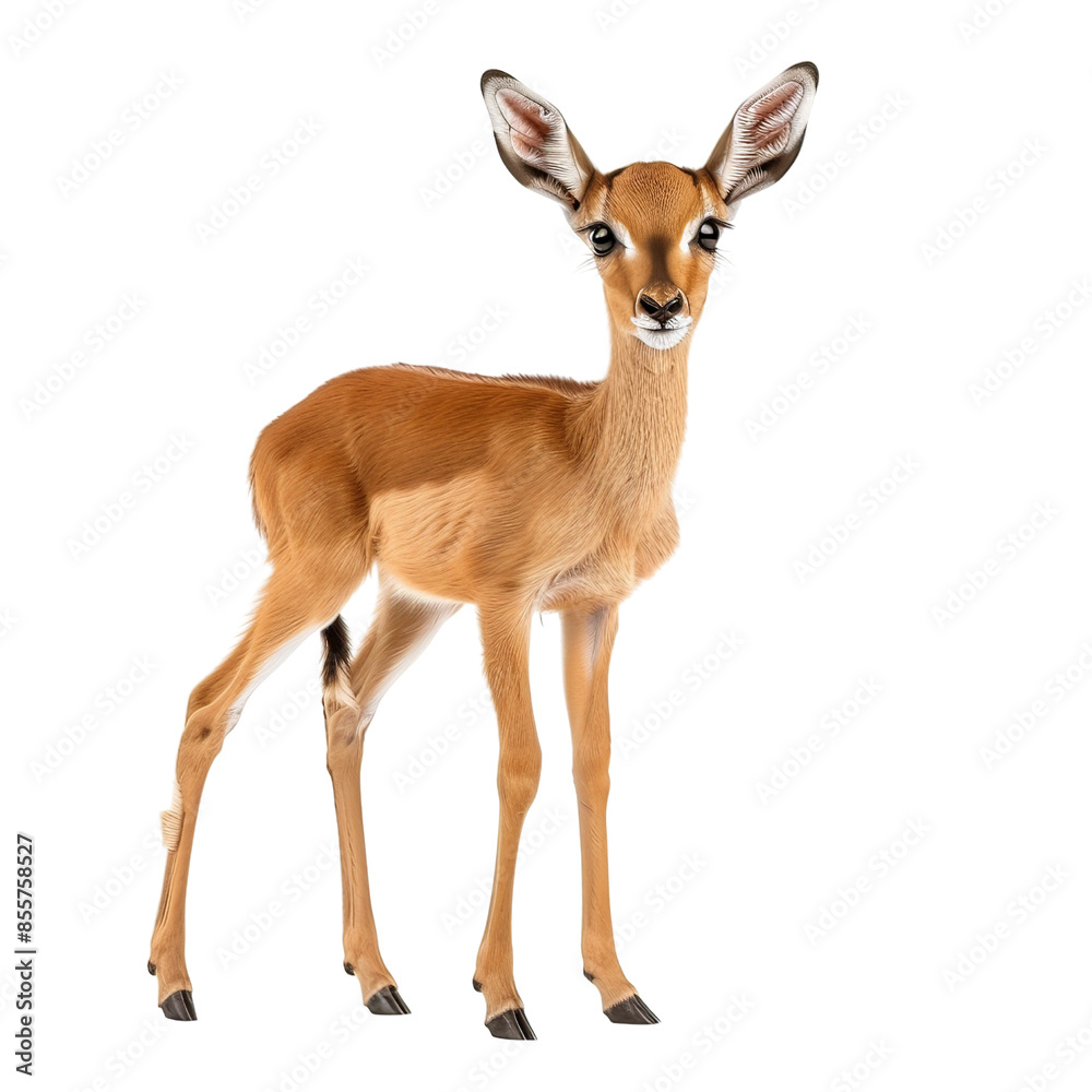 Cute young fawn with large ears standing and facing forward, isolated on a white background. Cute young fawn with large ears standing and facing forward, isolated on a white background.