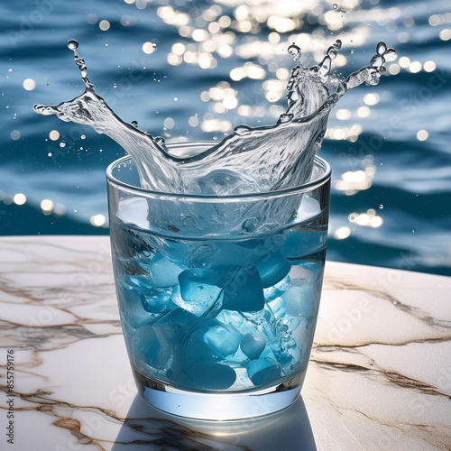 eau, en verre, boire, clapoter, liquide, glace, froid, abattre, éclaboussure, blanc, boisson, isolé, bleu, bouillonner, frais, clair, verser, transparent, cube, alcool, cool, humide, propre, objet, sa photo