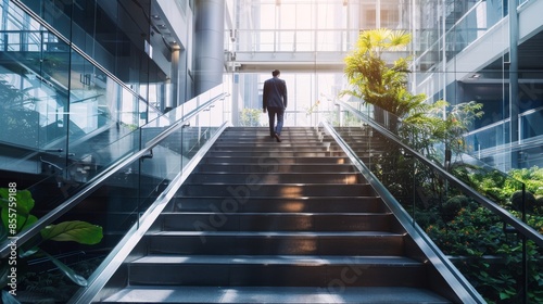 Wallpaper Mural Modern back view scene of a person climbing stairs in a modern office building Torontodigital.ca