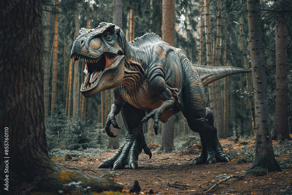 Fototapeta premium Generative ai on theme of big scary hungry dinosaur with kind eyes and sharp teeth destroying park
