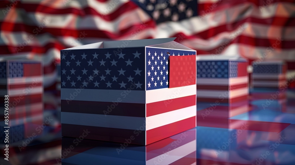 Obraz premium A close-up image of ballot boxes decorated with the American flag, with a blurred background of the American flag. Generative AI