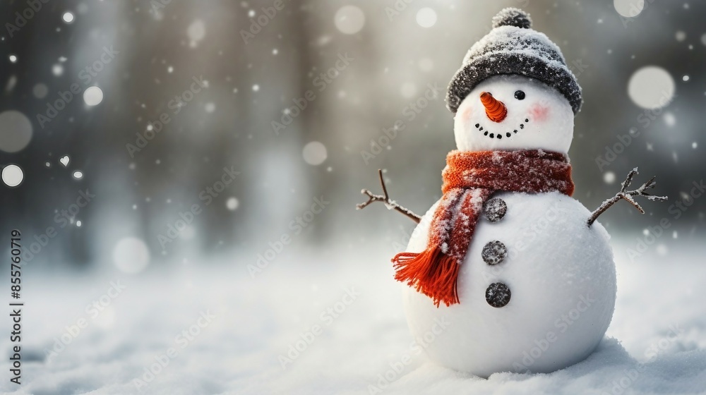 Fototapeta premium Happy Snowman Dressed in a Red and White Scarf and Hat, Standing in a Snow-Covered Field. Generative AI