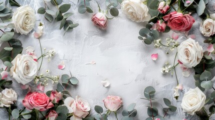 a delicate floral border featuring white and pink roses intertwined with eucalyptus leaves against a light grey background.