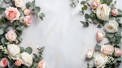 a delicate floral border featuring white and pink roses intertwined with eucalyptus leaves against a light grey background.